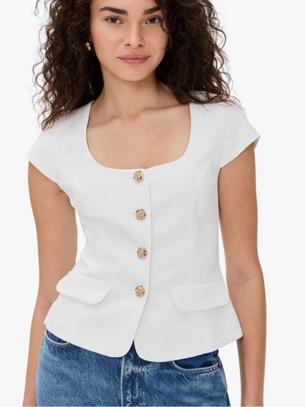 Amanda Uprichard Kya Top in White Square-Neck Buttoned Cap-Sleeve NWT